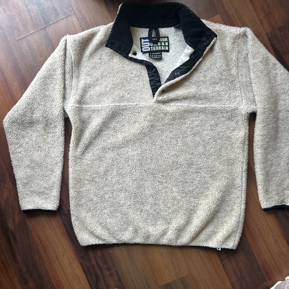 Outdoor Urban Terrain Fleece‎ Pullover Sweater Mens L Beige Black Snap Collar